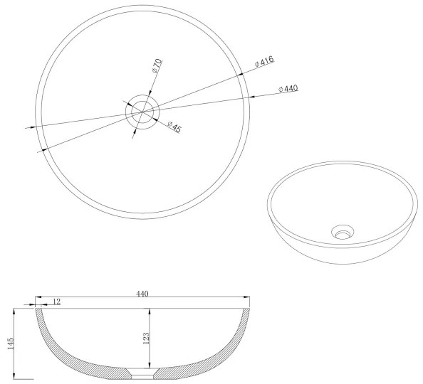 Sapho - TURF ráültethető mosdó, átmérő 44 cm, beton/fekete gránit