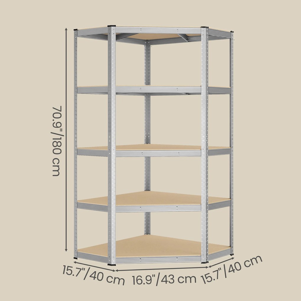 SONGMICS fém sarokpolc, 5 szintes, 875 kg teherbírás, 180 x 90 x 90 cm