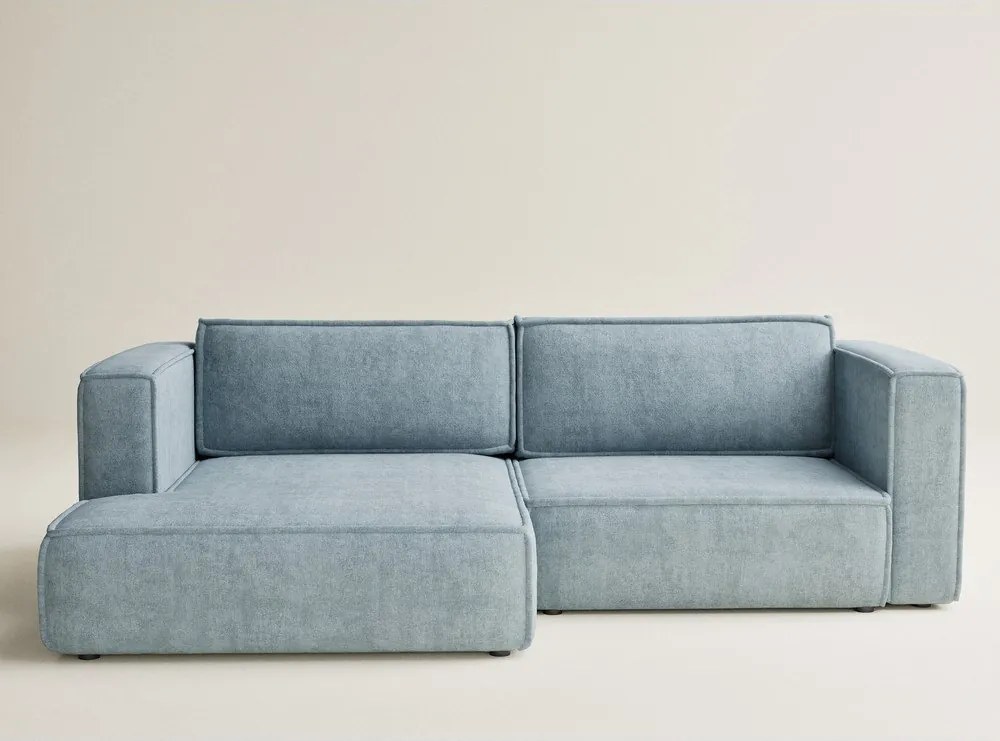 Világoskék zsenília kinyitható-tárolóhelyes sarokkanapé (bal oldali-heverő résszel) Velto – Maison de Rêve