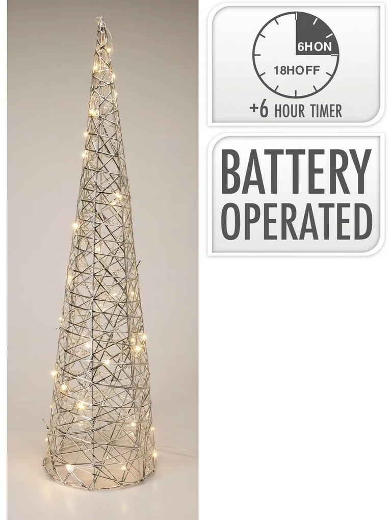 Silver karácsonyi világító kúp, 60 x 16 cm, 30mikro LED, elemes, 60 cm