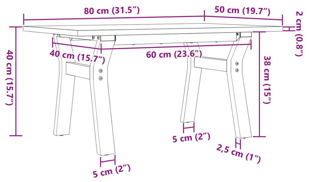 tömör fenyőfa és acél dohányzóasztal Y-vázzal 80x50x40 cm