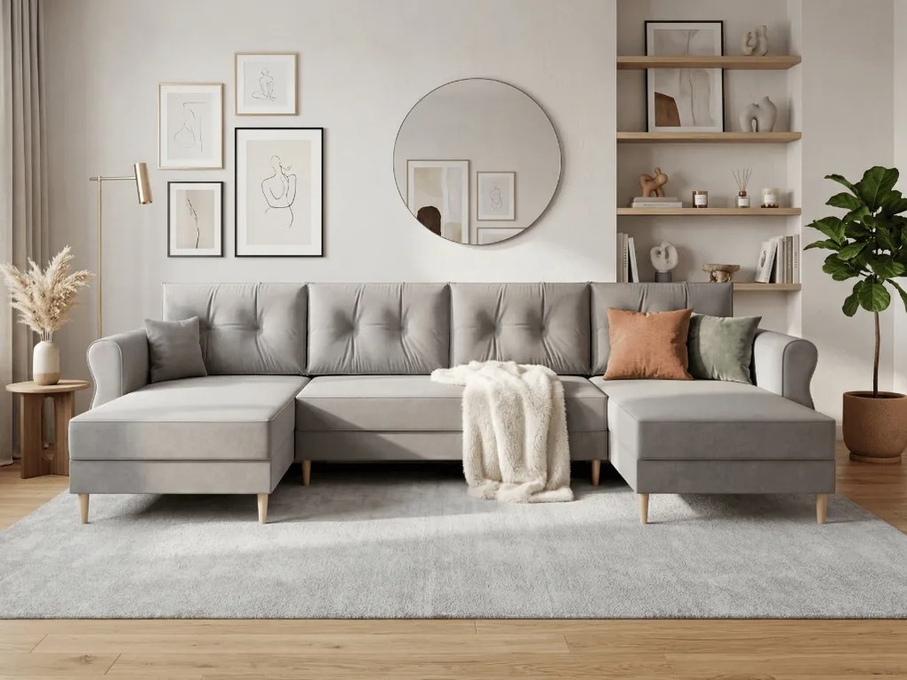 Kihúzható U alakú kanapé SILVIANO 300x140 cm, szürke + 2 díszpárna INGYEN