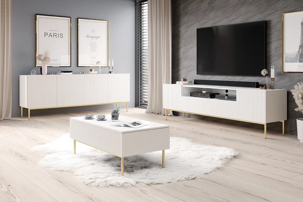 Nicole TV-szekrény 200 cm nyitott polccal és fiókokkal - matt fehér / arany lábak