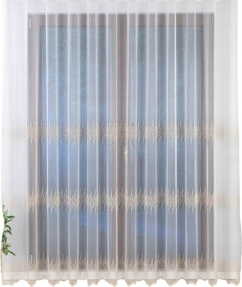 Kész függöny bézs szalagos díszítéssel, fehér, bézs hímzéssel 500X210