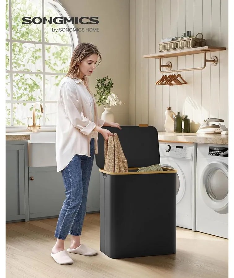 SONGMICS szennyeskosár fedéllel – 3 rekeszes ruhagyűjtő, 150 L űrtartalommal fekete színben