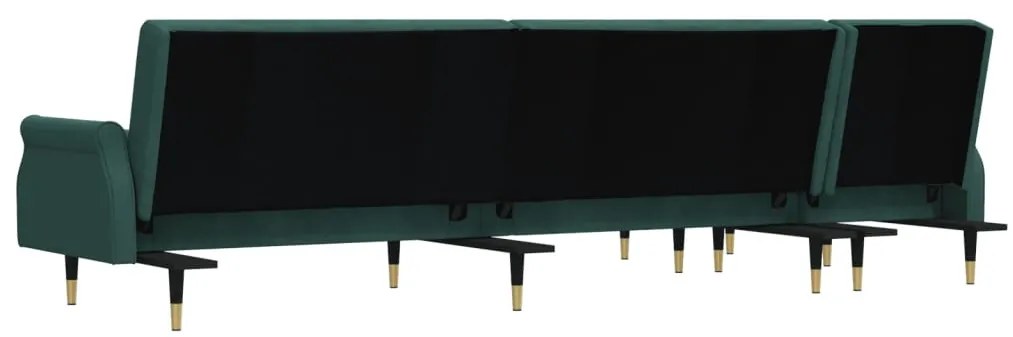 sötétzöld L-alakú bársony kanapéágy 271x140x70 cm