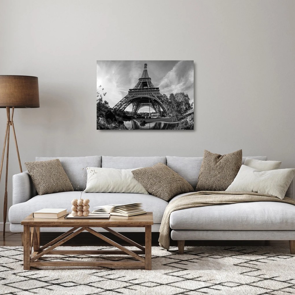 Üveg kép - Eiffel-torony, fekete-fehér (70x50 cm)