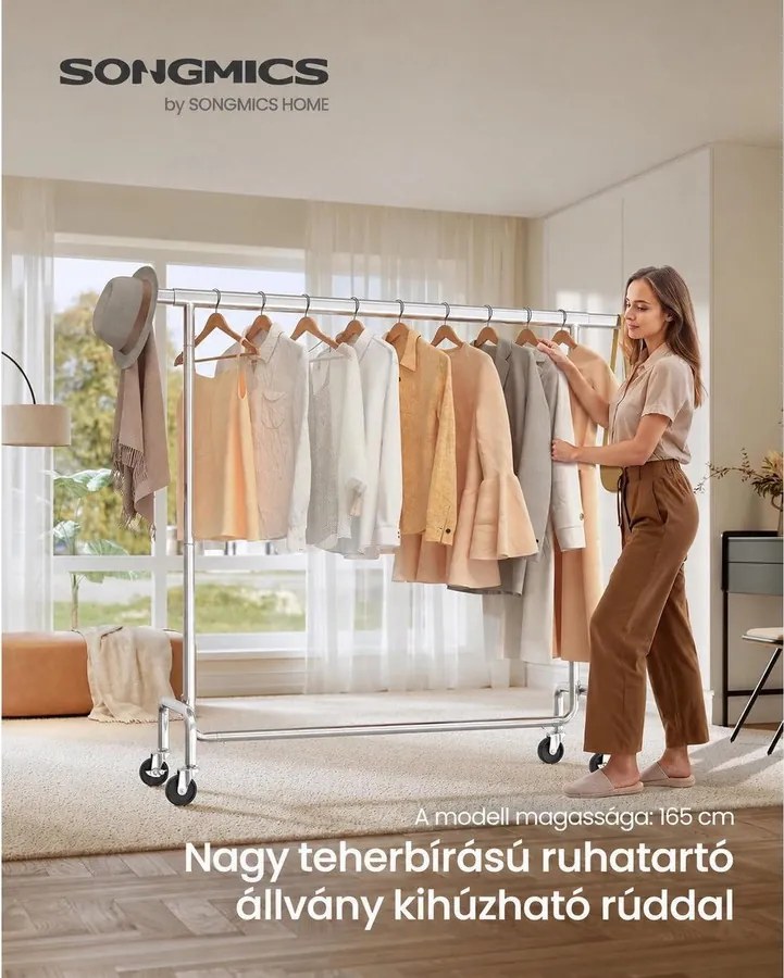 Gurulós ruhatartó állvány kihúzható rúddal, 110–150 cm, max. 130 kg, ezüst