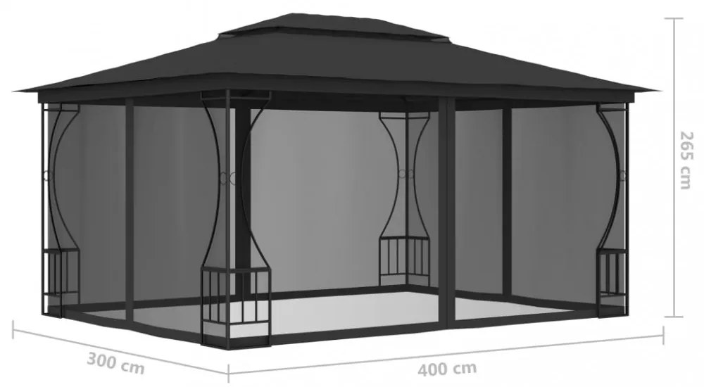 antracitszürke pavilon hálóval 300 x 400 x 265 cm