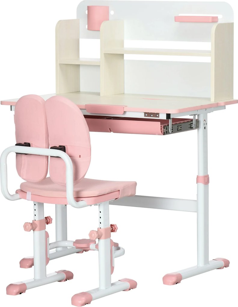 HOMCOM Gyermek Tanuló Íróasztal és Szék Szett 3 Éves Kortól Magasságban Állítható Gyerek Íróasztallal 1 Fiókkal, 1 Polccal és Dönthető Asztallappal |