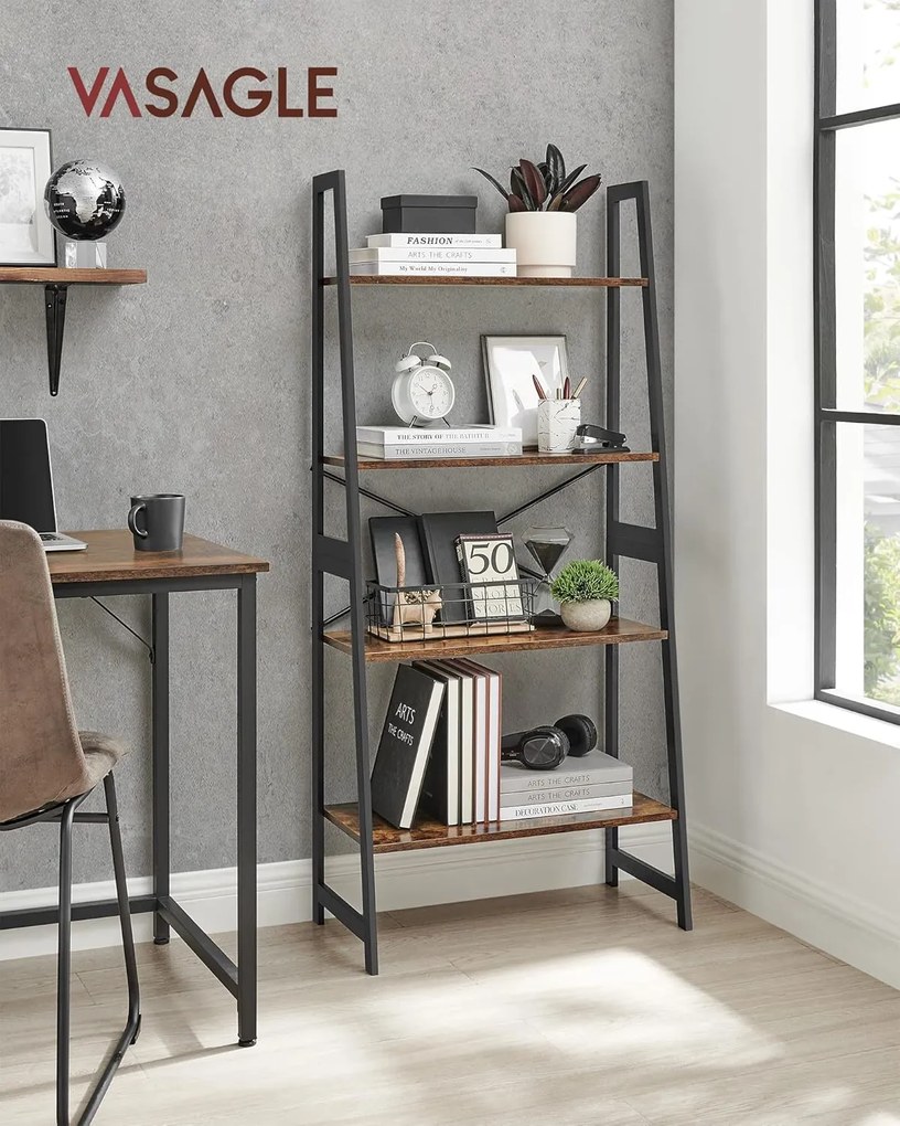 Könyvespolc 4 szintes 63x34x137 cm, rusztikus barna és fekete színben,