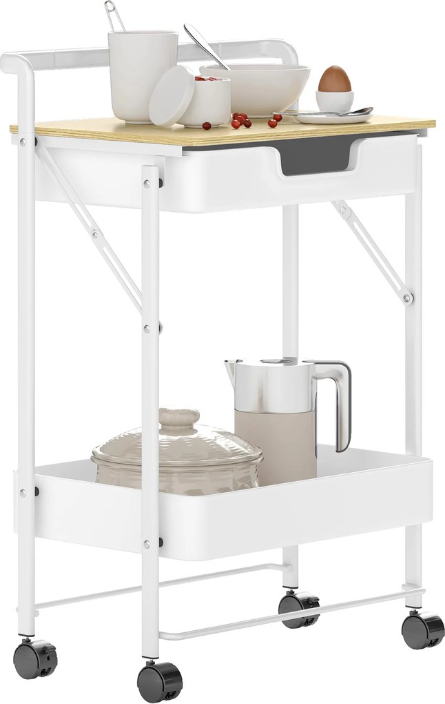 HOMCOM 2-Tier Görgős Használati Kocsi 1 Fiókkal és 1 Kosárral - Konyhai Kocsi Szervező Hálószobába, Nappaliba és Irodába - Fehér | Aosom