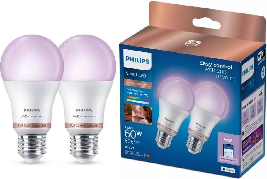 SZETT 2x LED dimmelhető izzó Philips SMART A60 E27/8,5W/230V 2200-6500K