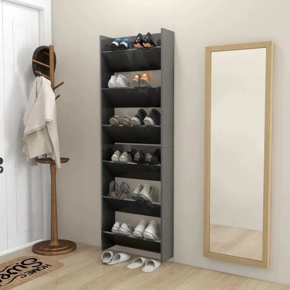2 db magasfényű szürke szerelt fa fali cipősszekrény 60x18x90cm