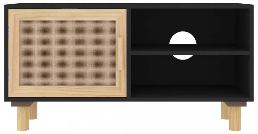 fekete fenyőfa és természetes rattan TV-szekrény 80x30x40 cm