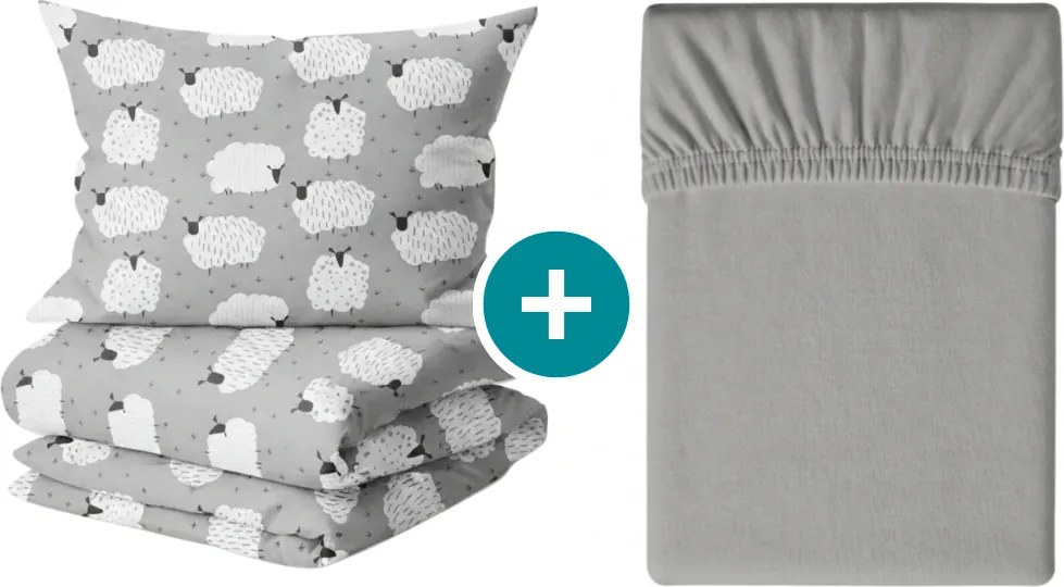 Krepp ágyneműhuzat készlet WHITE SHEEPS POLY szürke + Jersey gumis lepedő 90 x 200 cm szürke, egyszemélyes