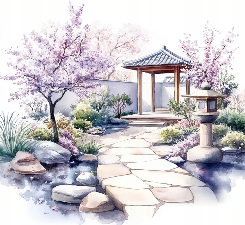Vászonkép Canvas Akvarell Japán Kert Cseresznye Sakura Virágok 80x80
