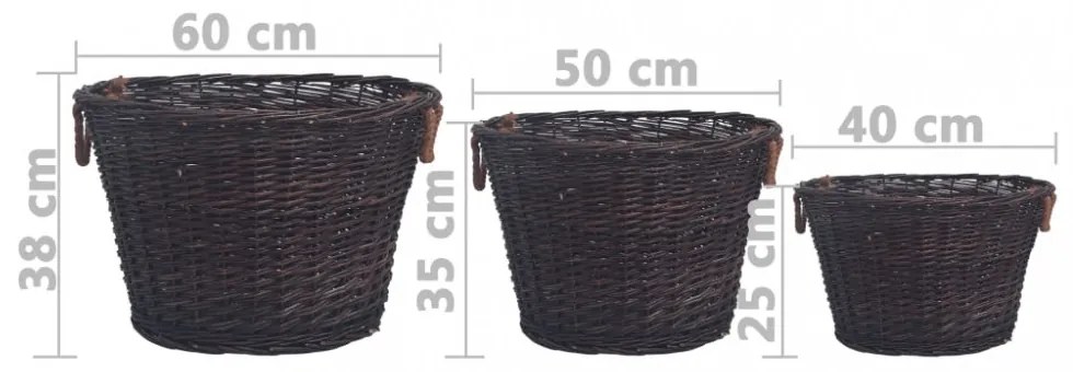 3 darabos sötétbarna rakásolható fűzfa tűzifatárolókosár-szett