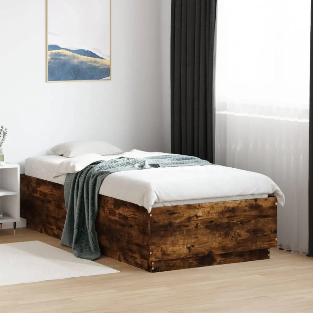 füstös tölgy színű szerelt fa ágykeret LED-del 90 x 190 cm