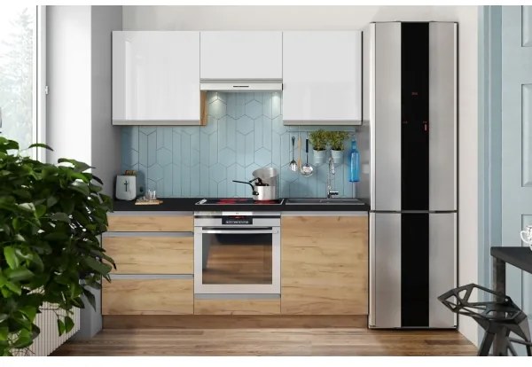 Konyhablokk MARINA 180 cm, craft tölgy/fényes fehér