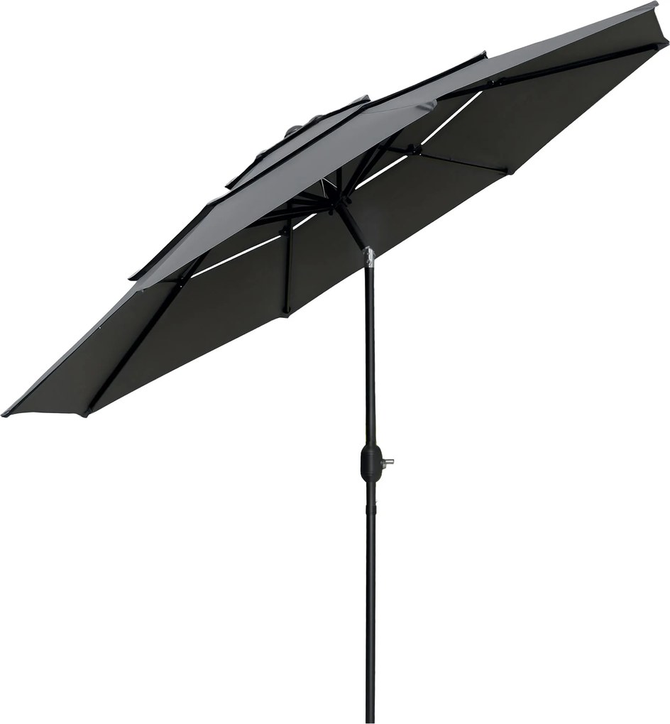 Outsunny Kültéri Kerti Napernyő Köralakú Dőlt Napernyő Ø 2.85 x 2.5 m Kurblival, 2 Szellőzővel, 180 g/m² UV-védelemmel, Erkély Napernyő, Terasz, Szürk