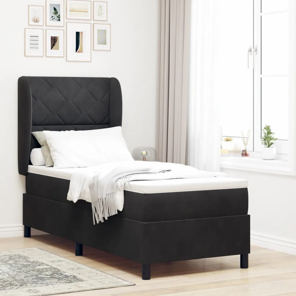 Boxspring Ágy Matrac Fekete 80x200 cm Bársony