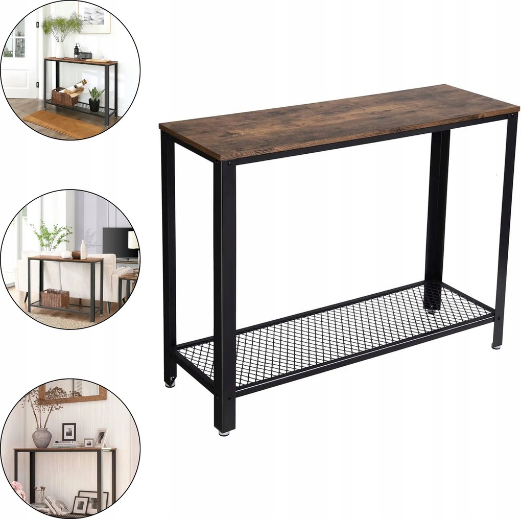 Oldalsó asztal Konzol Konzolasztal polccal Rusztikus barna 101,5x35x80