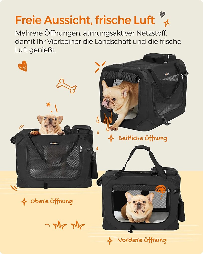 Kutyaszállító táska 60 x 42 x 42 cm, összecsukható kisállathordozó, m, fekete | feandrea