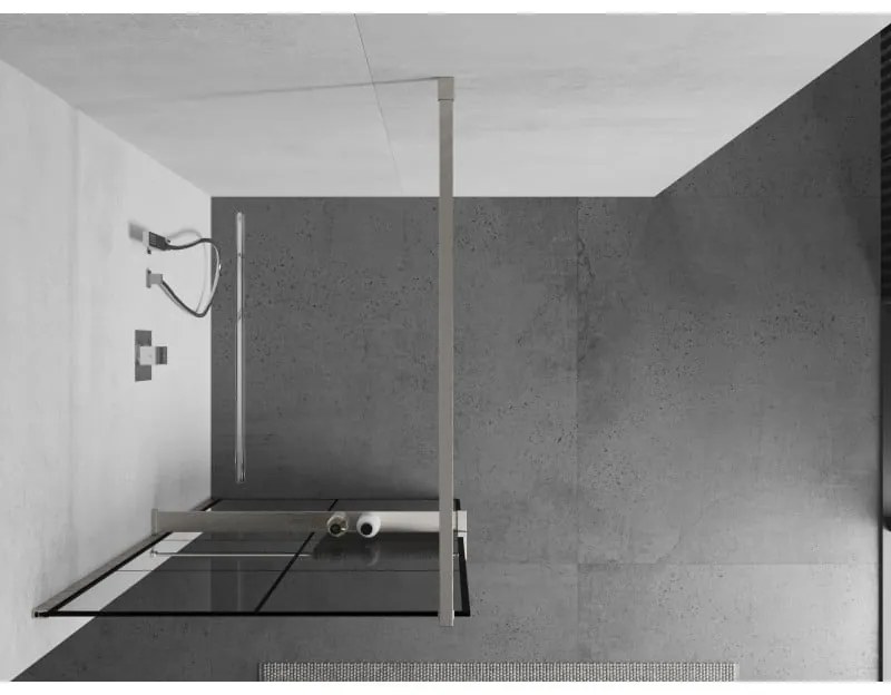 Mexen Kioto+, Walk-In zuhanyparaván polccal és akasztóval 90 x 200 cm, 8 mm átlátszó üveg fekete mintás, csiszolt acél profil, 800-090-121-97-77