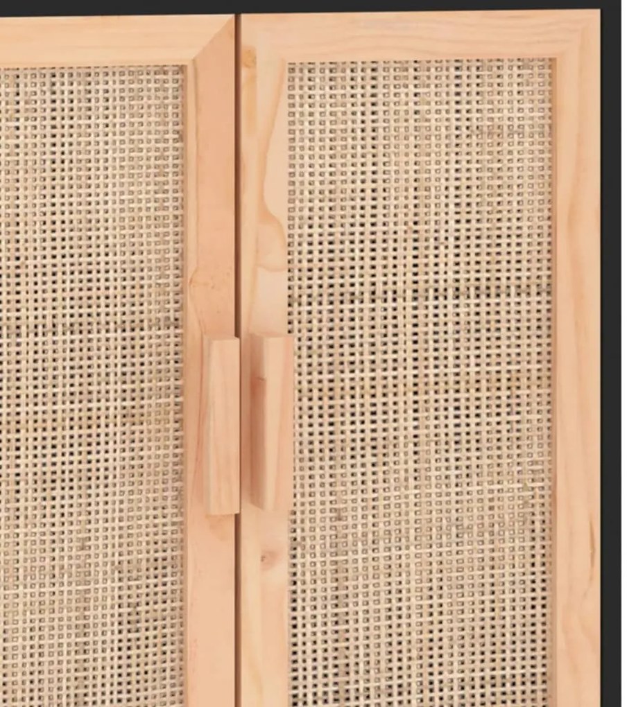 fekete tömör fenyő/természetes rattan tálalószekrény 60x30x70cm