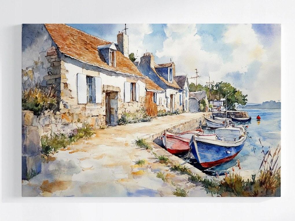 Poszter Halászfalu Bretagne Tenger Akvarell 60x40