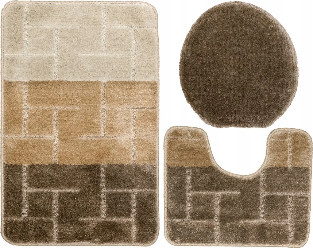 Teramo 3 Részes Csúszásgátló Fürdőszobaszőnyeg Szett Bézs Wc-párnával
