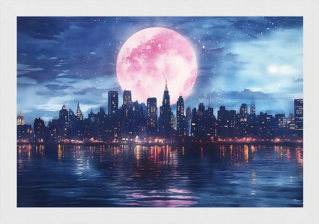 Poszter Keret Fa Város Panoráma Felhőkarcolók Folyó Éjszaka Hold 60x40