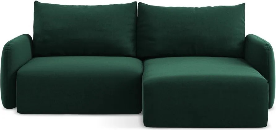 Sötétzöld bársony kinyitható-tárolóhelyes sarokkanapé (jobb oldali-heverő résszel) Kalena – Makamii