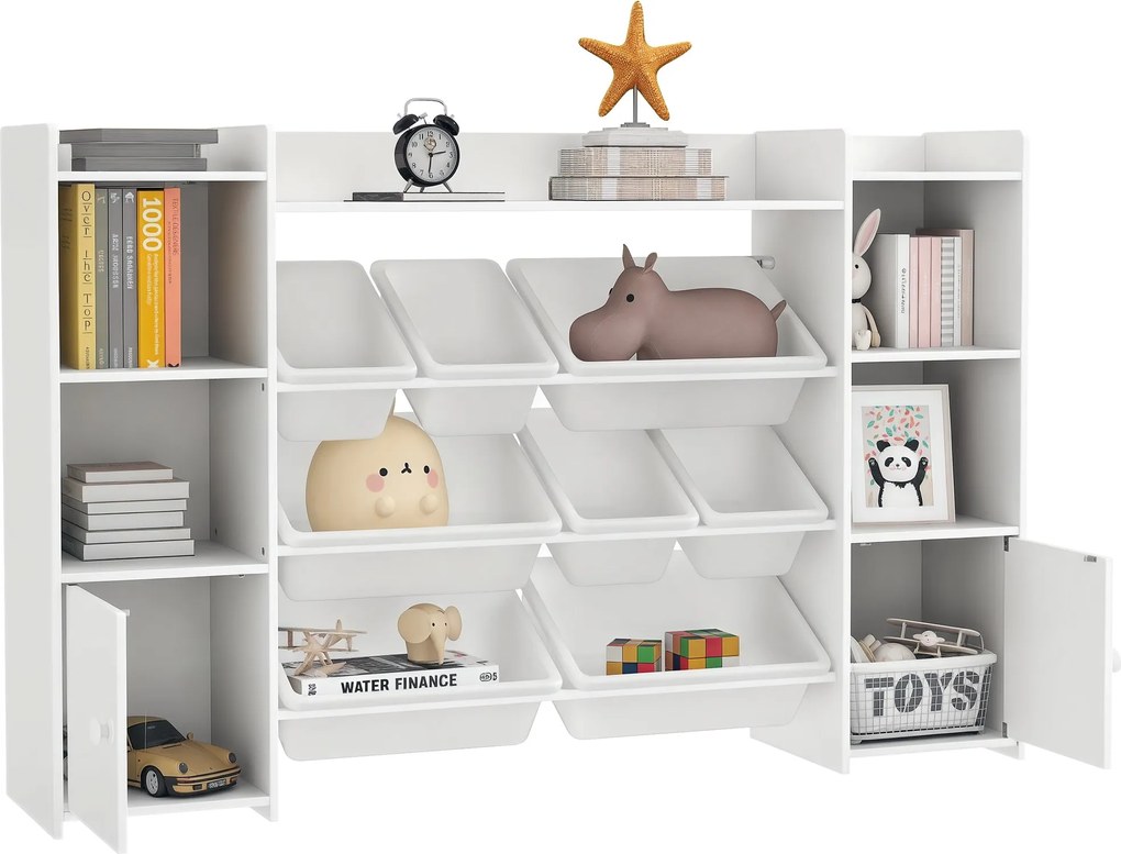 AIYAPLAY Gyermekpolc Játékpolc 8 Leszedhető Dobozzal, 4 Nyitott Rekesszel, 2 Szekrényrekesszel, Gyermek Könyvespolc Gyerekszobába, Óvodába, 140 x 30 x