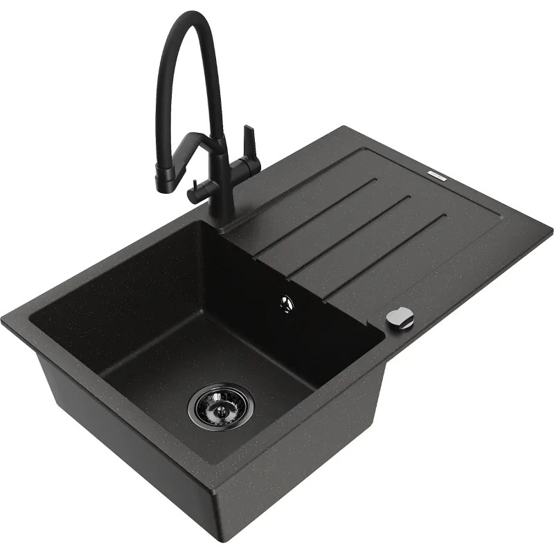 Mexen Bruno gránit mosogató 1 medencés csepegtetővel és Duo konyhai csapteleppel, fekete/arany metál - 6513-75-671701-70-B