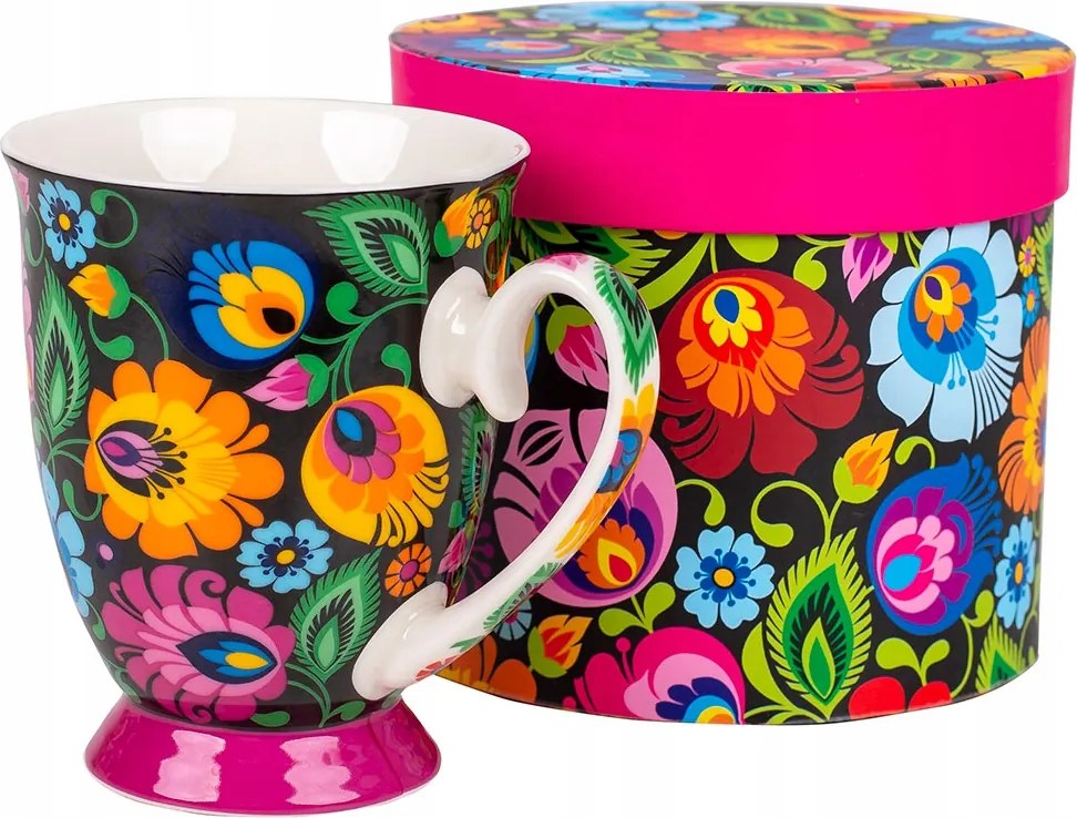 Helenka bögre kávéhoz díszdobozban, 280 ml – virágos, fekete, porcelán