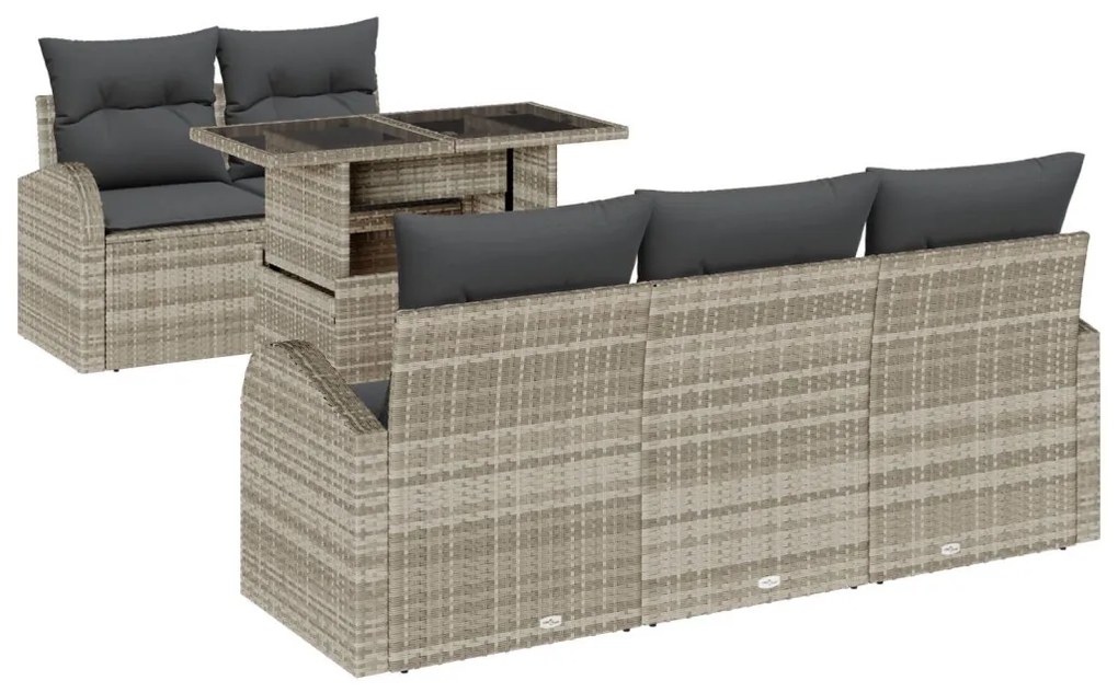 6 darabos kerti kanapé szett párnákkal Világosszürke Poly Rattan, 2 személyes kerti kanapé tárolóval és párnákkal Világosszürke Poly Rattan