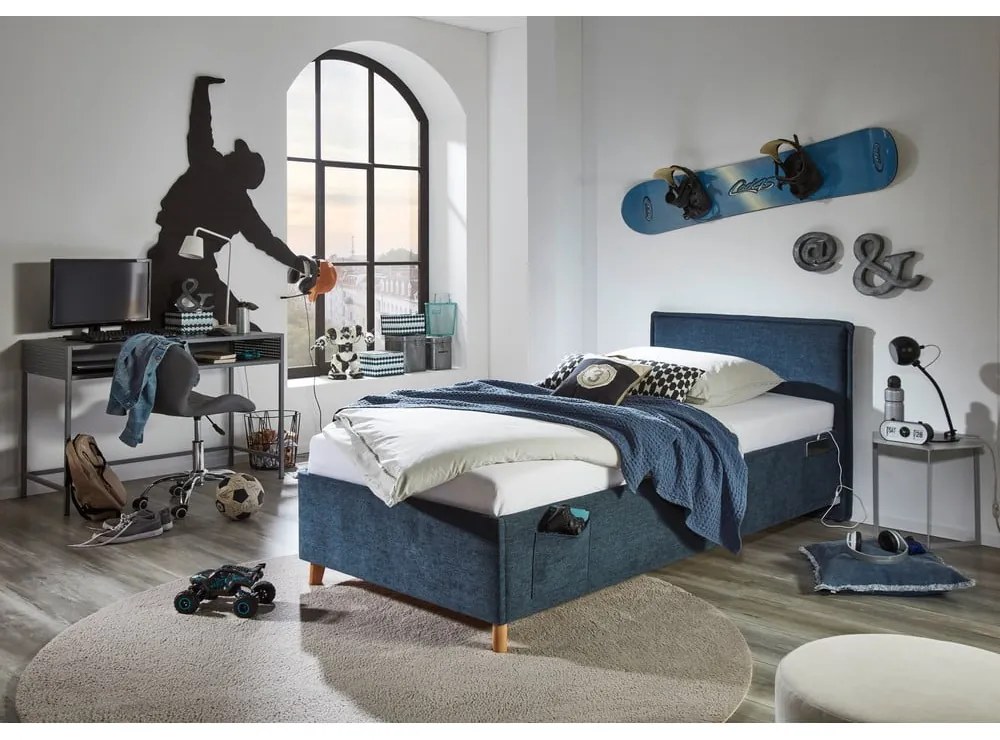 Sötétkék kárpitozott ágyneműtartós gyerekágy ágyráccsal 120x200 cm Fun – Meise Möbel