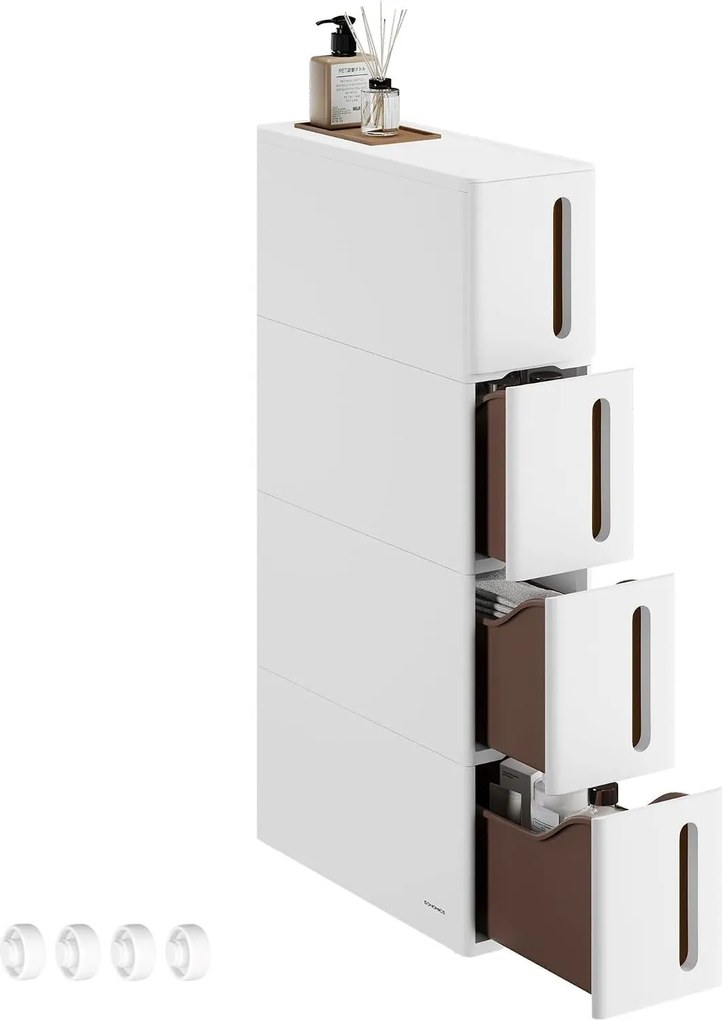 Keskeny gurulós tárolószekrény, 4 fiókkal, 40 L, 17,3 x 45,2 x 84 cm, felhőfehér