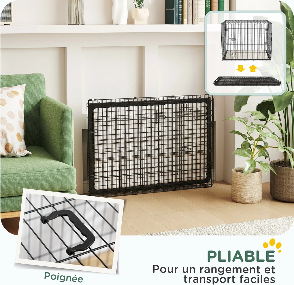 PawHut Kutya Ketrec, Összecsukható Kutya Szállító Keverék 2 Ajtóval, Kivehető Tálca, Mosható Puha Párna, Acél Váz, 91 x 62 x 68 cm, Fekete | Aosom