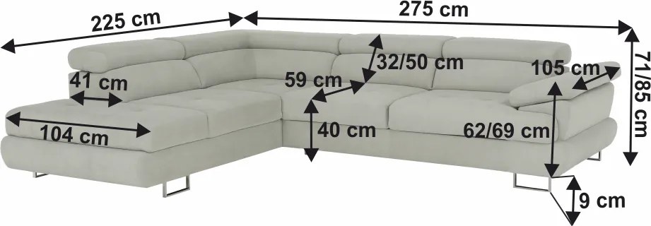 Ülőgarnitúra, világos szürke, szövet, balos, BUTON P