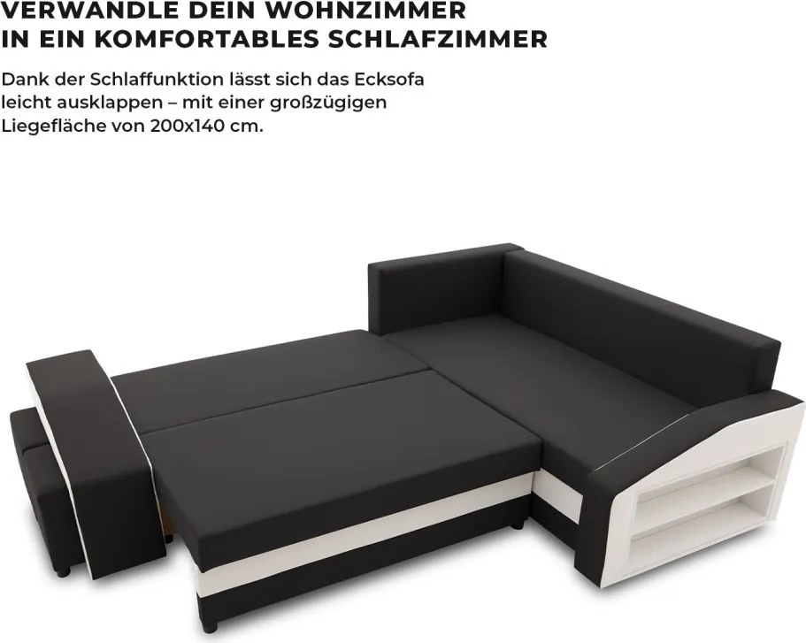 Grande sarokkanapé polcokkal és puffokkal , polc a jobb karfaban puffok a bal karfaban, jobboldali, szövet anyag, hab töltet, fekete - fehér