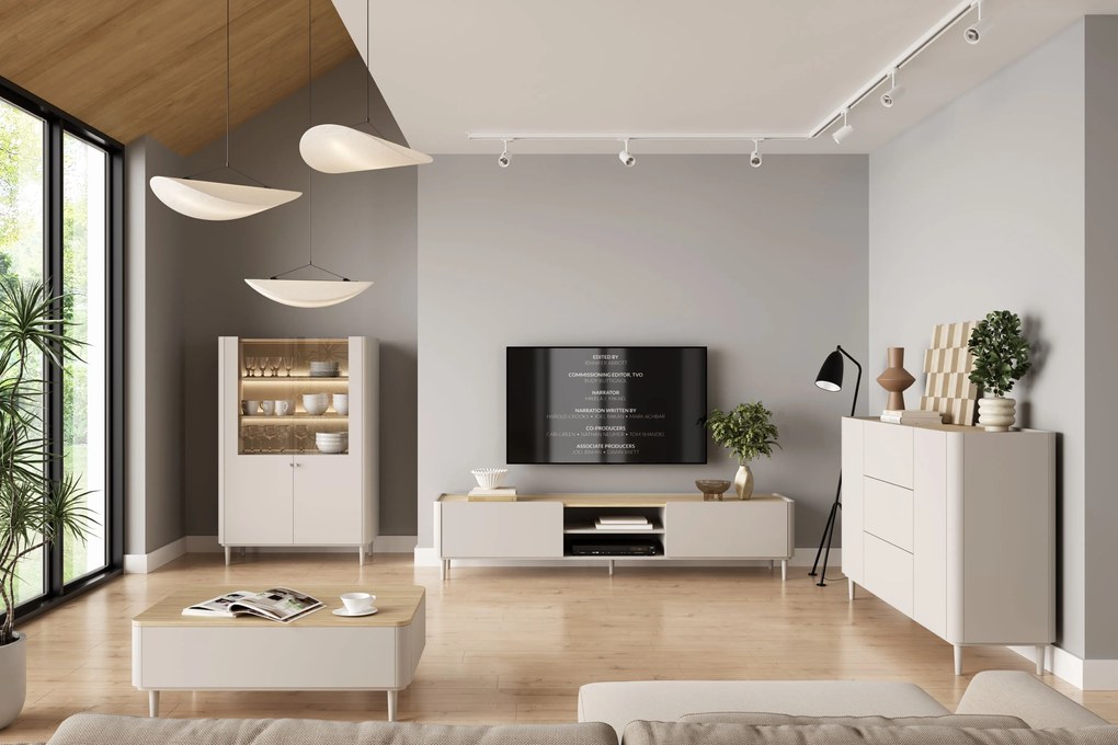 Elivo vitrines szekrény 100 cm kétajtós lábakon - kasmír / olajozott tölgy