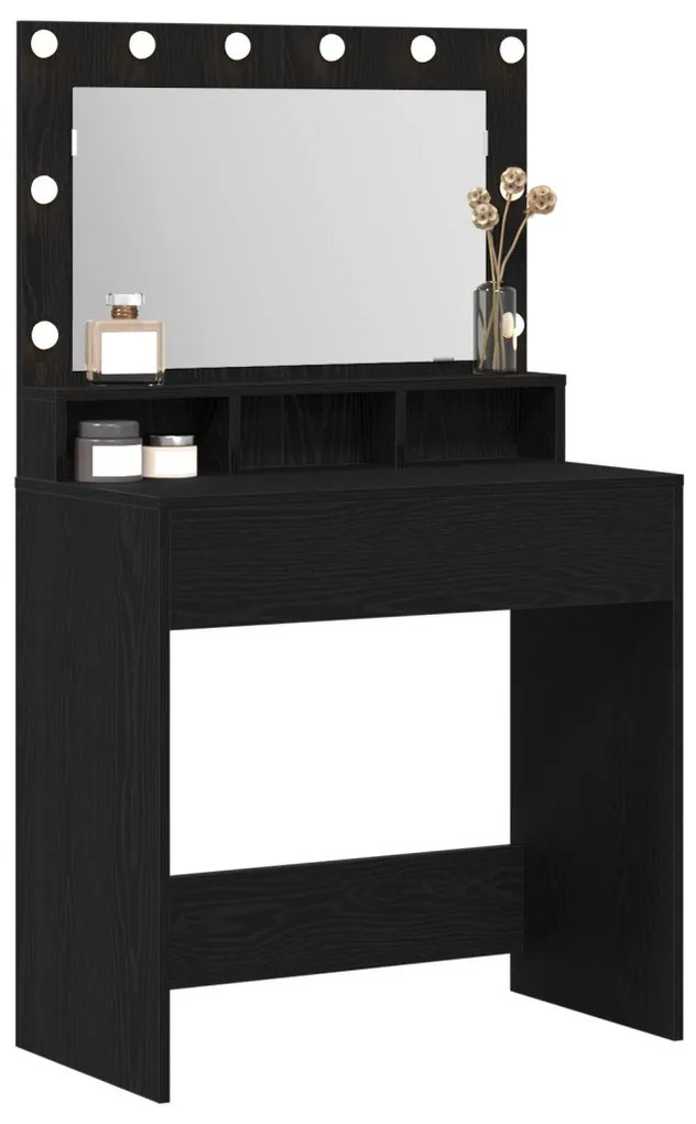 Sminkasztal LED Fénnyel, Fekete Tölgy, 79x41x135 cm