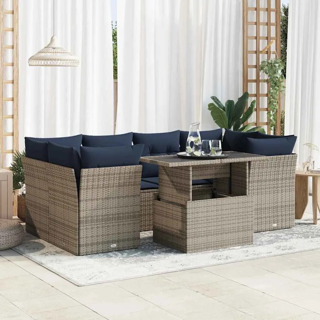 7 részes szürke polyrattan akácfa kerti ülőgarnitúra párnákkal