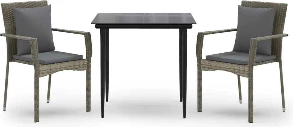 vidaXL 3 részes fekete és szürke polyrattan kerti étkezőszett párnával