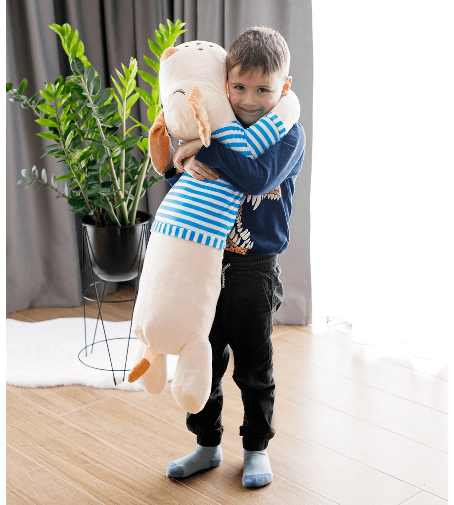 Plüss kutya, bézs/kék csíkok, 90cm, REXO typ 2