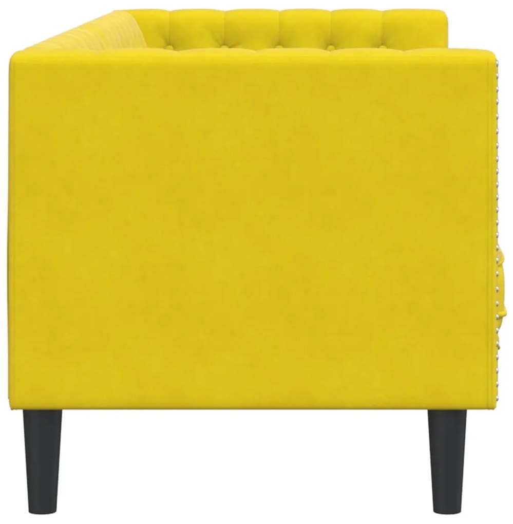 3 személyes sárga bársony Chesterfield kanapé hengerpárnákkal