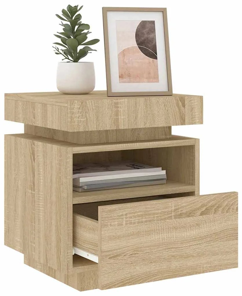 2 db sonoma tölgy éjjeliszekrény LED-fényekkel 40x39x48,5 cm